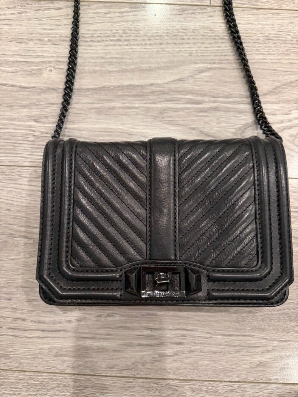Rebecca Minkoff Chevron Quilted Small Love Crossbody Bag – Black Leather